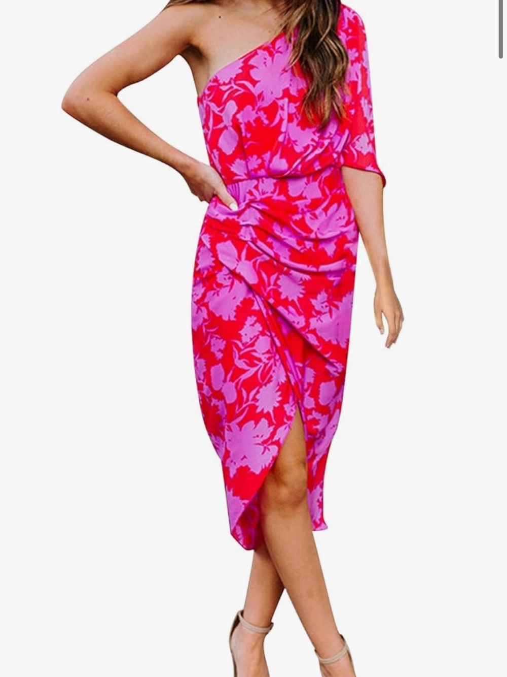 UNBRANDED One-Shoulder Red and Pink Floral Shift Dress High Low Ruching Ruffle M